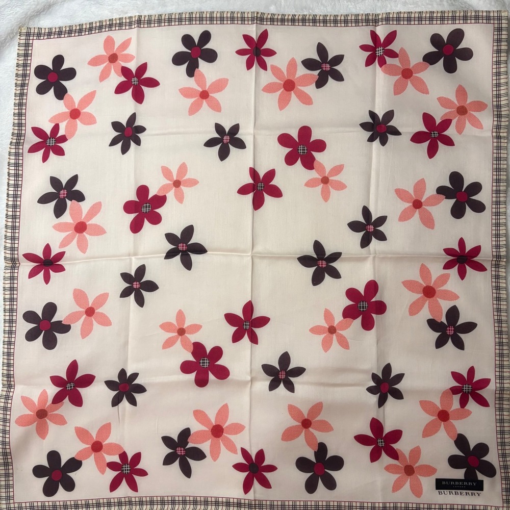 BURBERRY Scarf Handkerchief Floral Cotton Cream Pink 19.5in Square Neckerchief